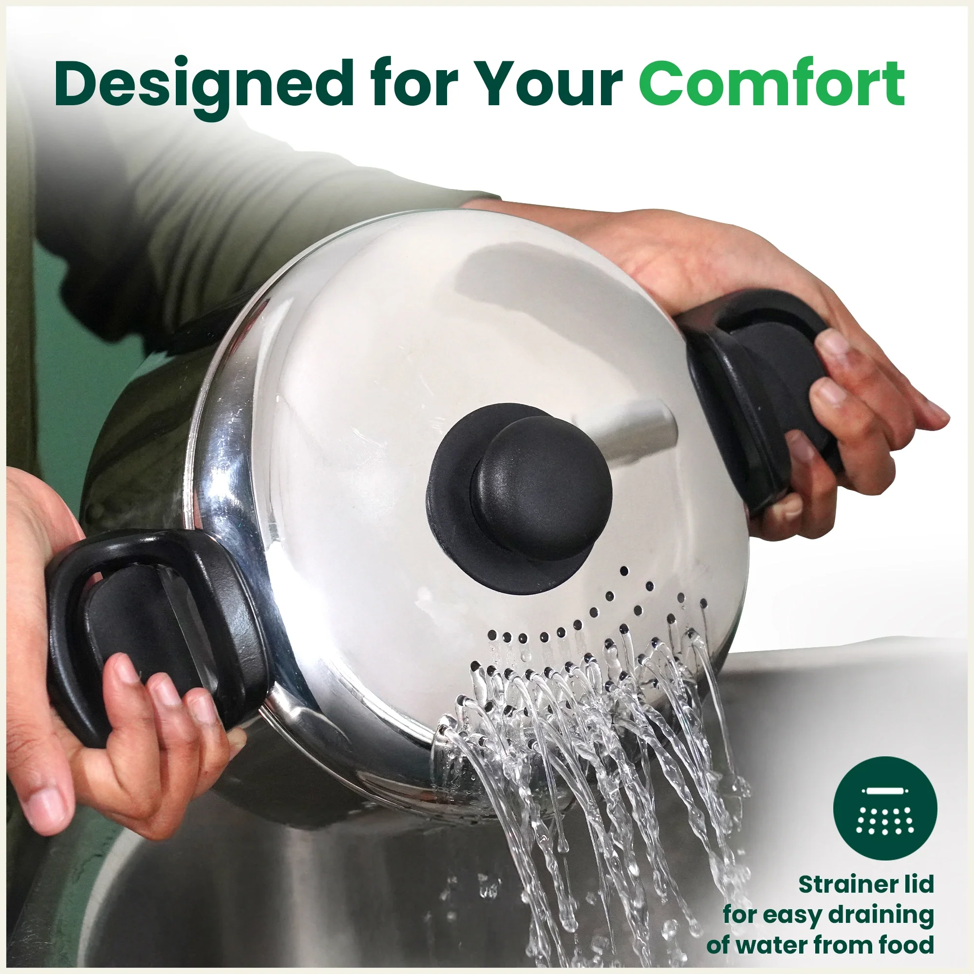 Premium Stainless Steel Rice Pot with Strainer Lid & Lock free Bakelite Handles 2.5/3.5L, Tri-ply 3-Layer Heavy Bottom | Noodle/Pasta/Corn/Soya/Veggies Boiler Pot, Steamer Cooker, Induction & Gas - Image 4