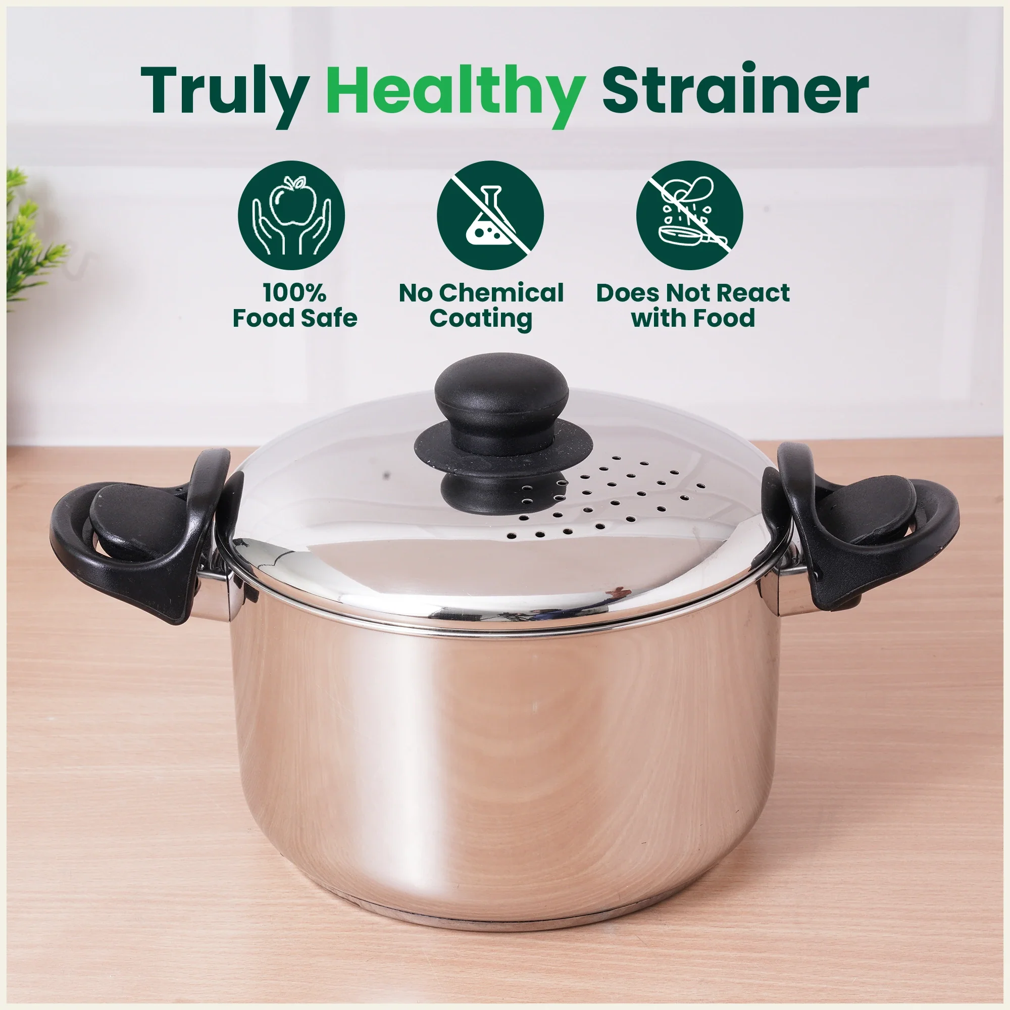 Premium Stainless Steel Rice Pot with Strainer Lid & Lock free Bakelite Handles 2.5/3.5L, Tri-ply 3-Layer Heavy Bottom | Noodle/Pasta/Corn/Soya/Veggies Boiler Pot, Steamer Cooker, Induction & Gas - Image 6