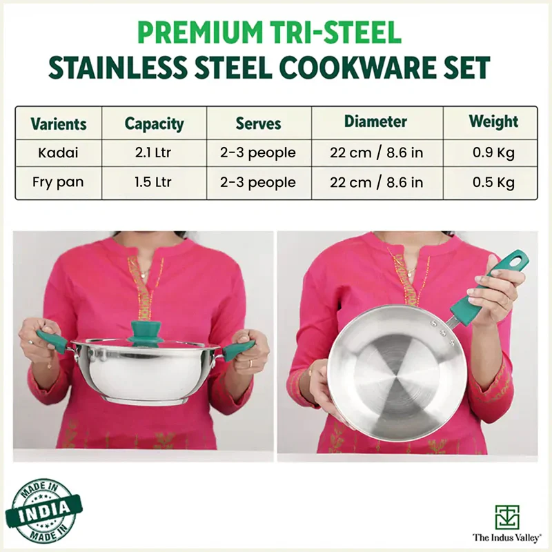 Tri-Steel Stainless Steel Cookware Set: Kadai with Lid(22cm)+ Frypan(22cm), Premium Quality, Tri-ply (3 Layer) Bottom, Soft-touch Handles, 100% Toxin-free, Non-stick, Induction & Gas - Image 3