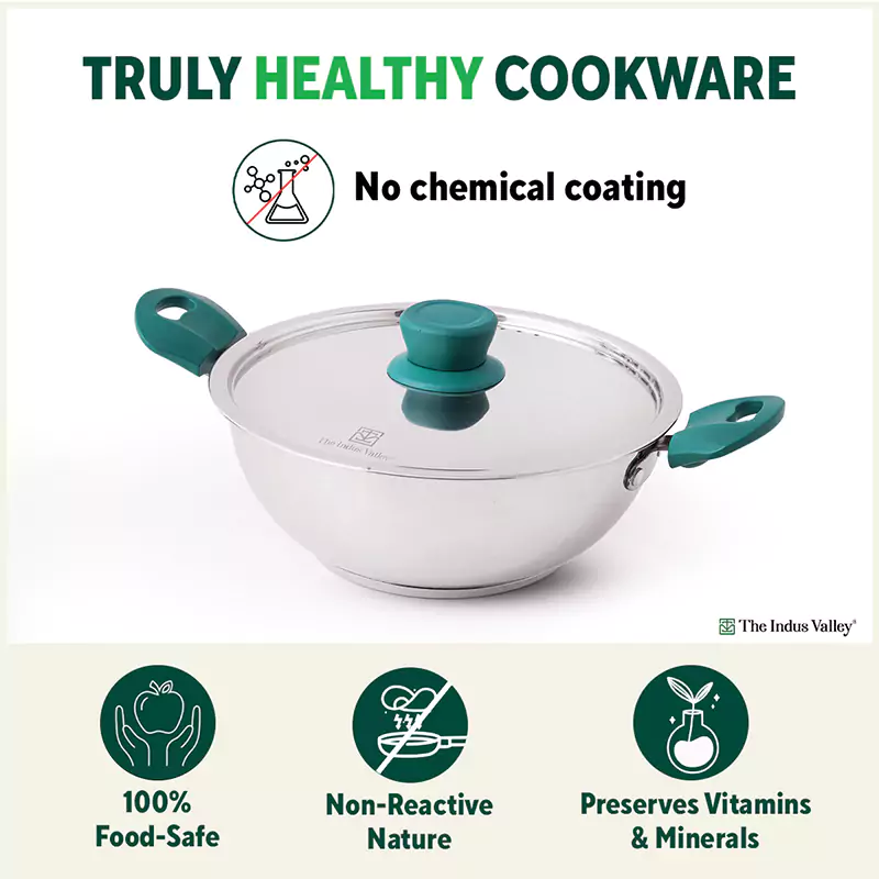 Tri-Steel Stainless Steel Cookware Set: Kadai with Lid(22cm)+ Frypan(22cm), Premium Quality, Tri-ply (3 Layer) Bottom, Soft-touch Handles, 100% Toxin-free, Non-stick, Induction & Gas - Image 4