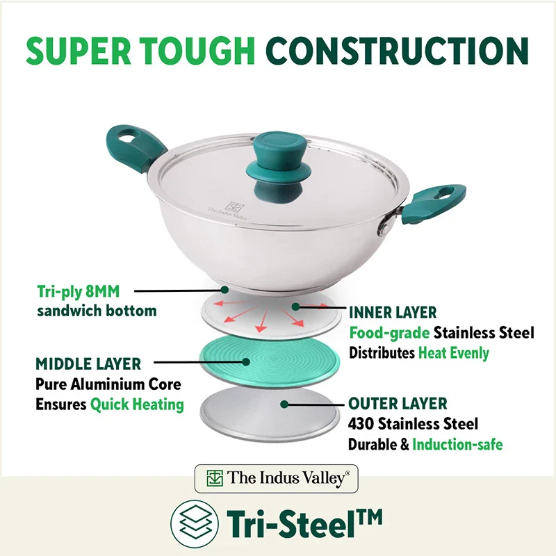 Tri-Steel Stainless Steel Cookware Set: Kadai with Lid(22cm)+ Frypan(22cm), Premium Quality, Tri-ply (3 Layer) Bottom, Soft-touch Handles, 100% Toxin-free, Non-stick, Induction & Gas - Image 5