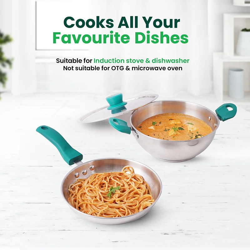 Tri-Steel Stainless Steel Cookware Set: Kadai with Lid(22cm)+ Frypan(22cm), Premium Quality, Tri-ply (3 Layer) Bottom, Soft-touch Handles, 100% Toxin-free, Non-stick, Induction & Gas - Image 8