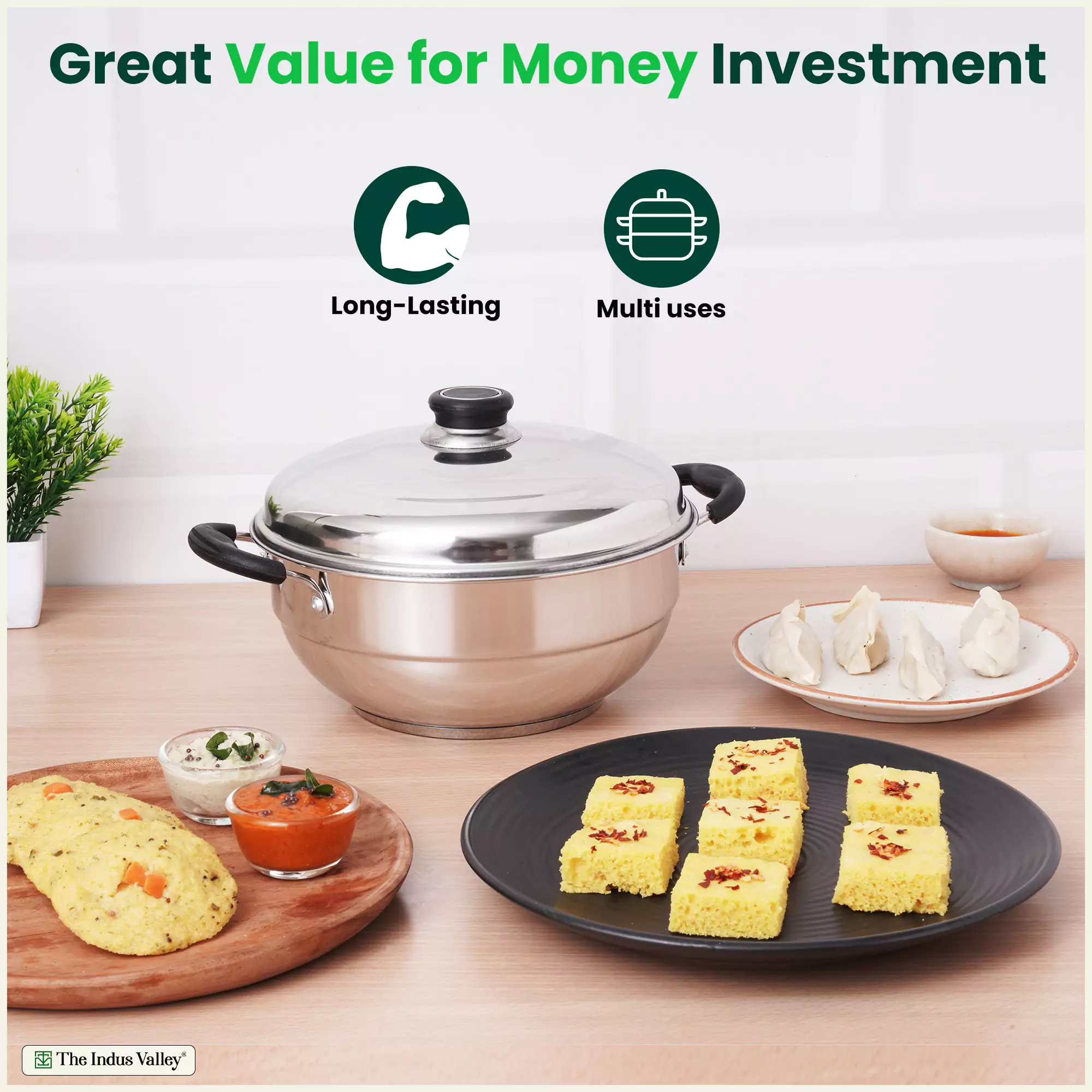 8 Pit Tri-Steel Multi Pot 3L Premium Stainless Steel Idli/ Dhokla/ Momo Maker/ Veg Steaming Set, Tri-ply Induction Bottom, 5 Plates - Image 4