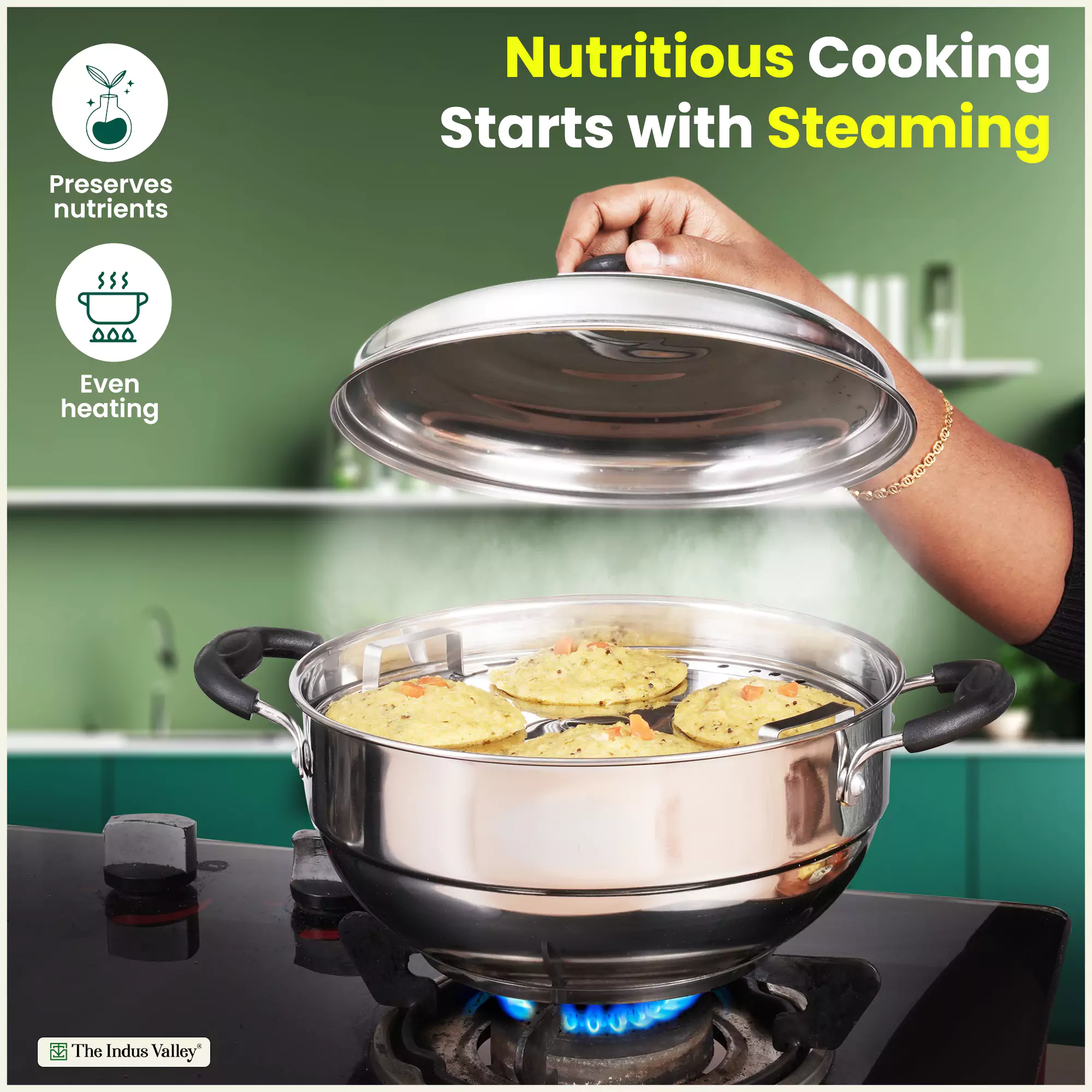 8 Pit Tri-Steel Multi Pot 3L Premium Stainless Steel Idli/ Dhokla/ Momo Maker/ Veg Steaming Set, Tri-ply Induction Bottom, 5 Plates - Image 5