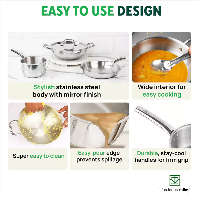 TurboCuk Tri-ply Stainless Steel Cookware Set: (24cm) Kadai+ (22cm) Frypan+ (14cm )Tea/Milk pan, Premium Quality, 3 Layer Thick Body, 100% Toxin-free, Non-stick, Induction & Gas - Image 10