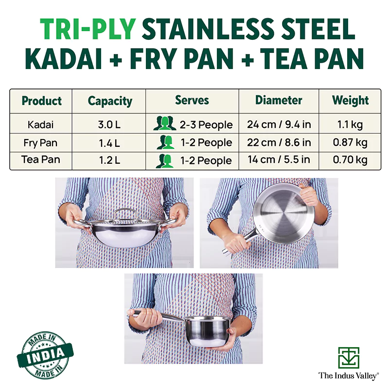 TurboCuk Tri-ply Stainless Steel Cookware Set: (24cm) Kadai+ (22cm) Frypan+ (14cm )Tea/Milk pan, Premium Quality, 3 Layer Thick Body, 100% Toxin-free, Non-stick, Induction & Gas - Image 3