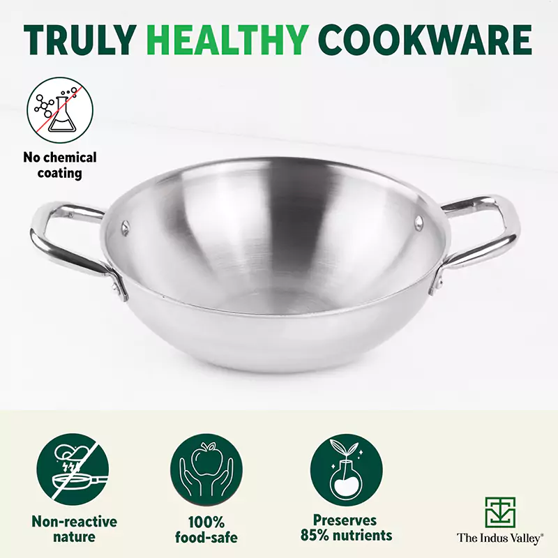 TurboCuk Tri-ply Stainless Steel Cookware Set: (24cm) Kadai+ (22cm) Frypan+ (14cm )Tea/Milk pan, Premium Quality, 3 Layer Thick Body, 100% Toxin-free, Non-stick, Induction & Gas - Image 4