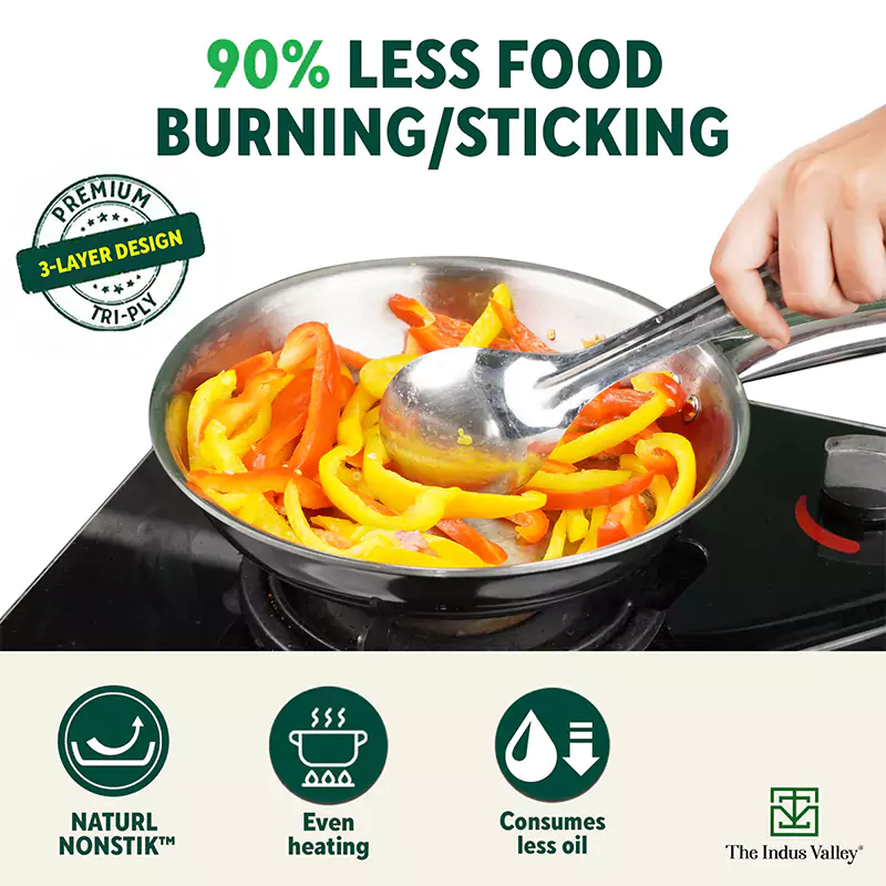 TurboCuk Tri-ply Stainless Steel Cookware Set: (24cm) Kadai+ (22cm) Frypan+ (14cm )Tea/Milk pan, Premium Quality, 3 Layer Thick Body, 100% Toxin-free, Non-stick, Induction & Gas - Image 7