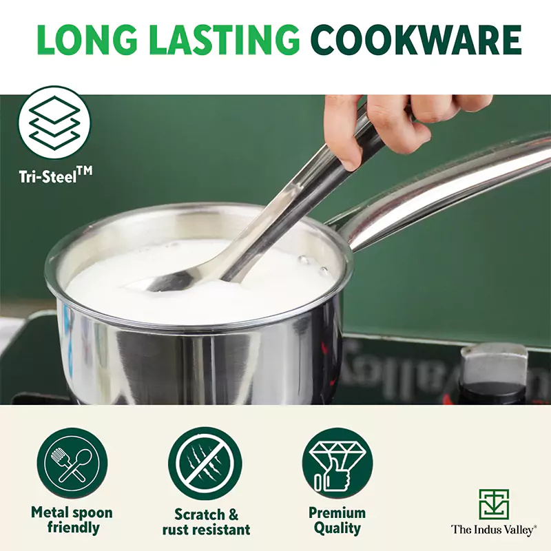 TurboCuk Tri-ply Stainless Steel Cookware Set: (24cm) Kadai+ (22cm) Frypan+ (14cm )Tea/Milk pan, Premium Quality, 3 Layer Thick Body, 100% Toxin-free, Non-stick, Induction & Gas - Image 8