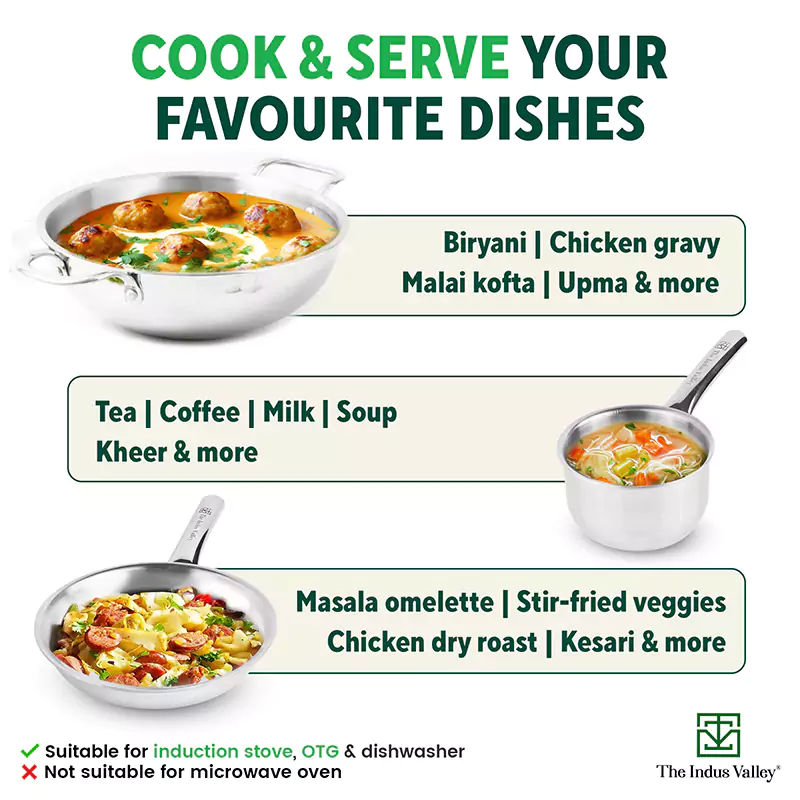 TurboCuk Tri-ply Stainless Steel Cookware Set: (24cm) Kadai+ (22cm) Frypan+ (14cm )Tea/Milk pan, Premium Quality, 3 Layer Thick Body, 100% Toxin-free, Non-stick, Induction & Gas - Image 9