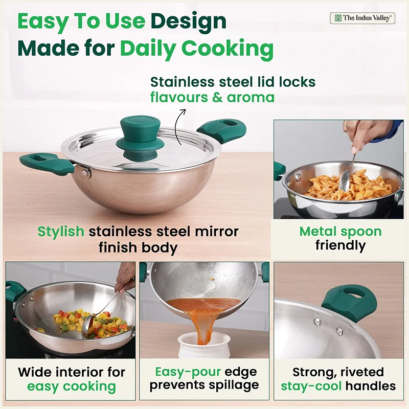 TurboCuk Tri-ply Stainless Steel Kadai/Kadhai 3/3.5/3.9 L | Premium 3 Layer Body | Cool-touch Handles | Induction friendly Cookware | Non-stick For Kitchen Uses - Image 9